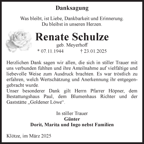 Traueranzeige von Renate Schulze von Volksstimme Altmark West
