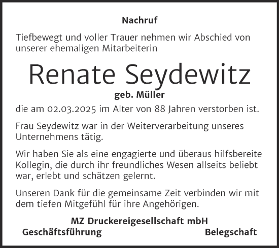 Traueranzeige von Renate Seydewitz von Mitteldeutsche Zeitung Halle/Saalkreis