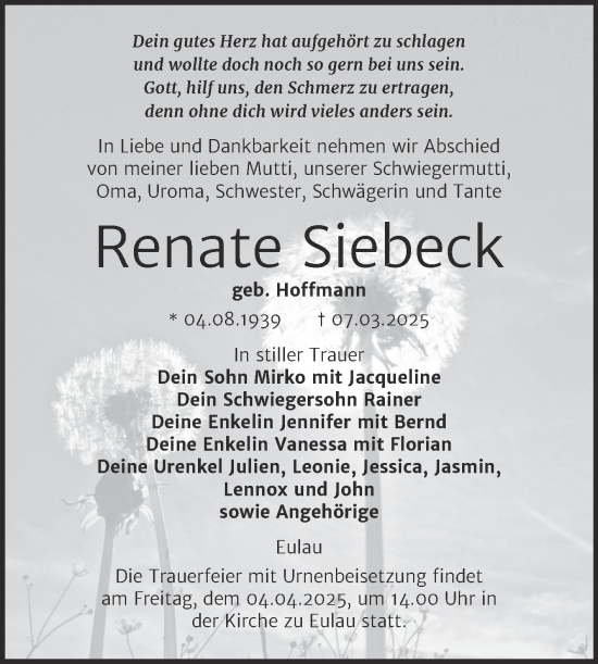 Traueranzeige von Renate Siebeck von Super Sonntag Naumburg/Nebra