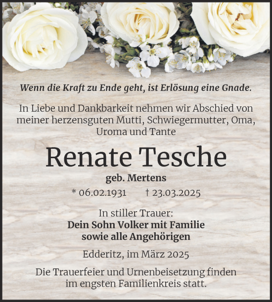 Traueranzeige von Renate Tesche von Trauerkombi Köthen