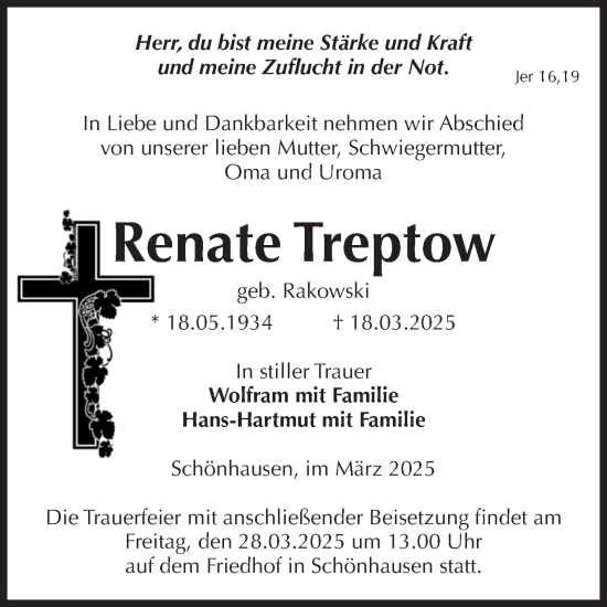 Traueranzeige von Renate Treptow von Volksstimme Altmark Ost