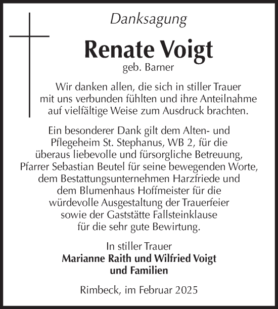 Traueranzeige von Renate Voigt von Volksstimme Halberstadt