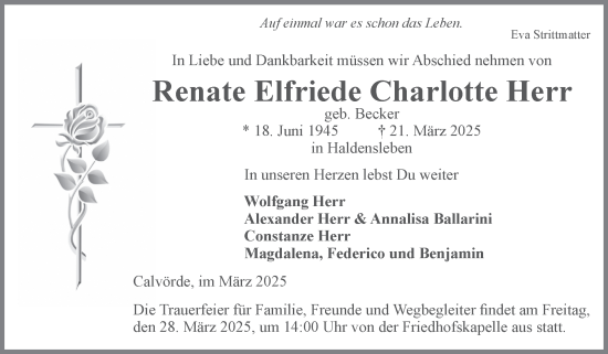 Traueranzeige von Renate Elfriede Charlotte Herr von Volksstimme Haldensleben/Wolmirstedt