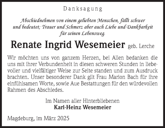 Traueranzeige von Renate Ingrid Wesemeier von Volksstimme Magdeburg