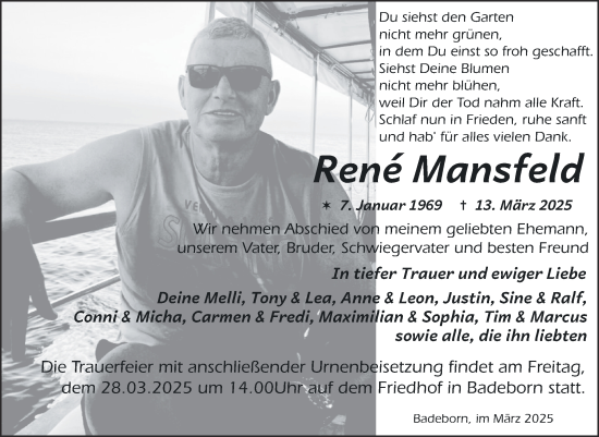 Traueranzeige von Rene Mansfeld von Trauerkombi Quedlinburg