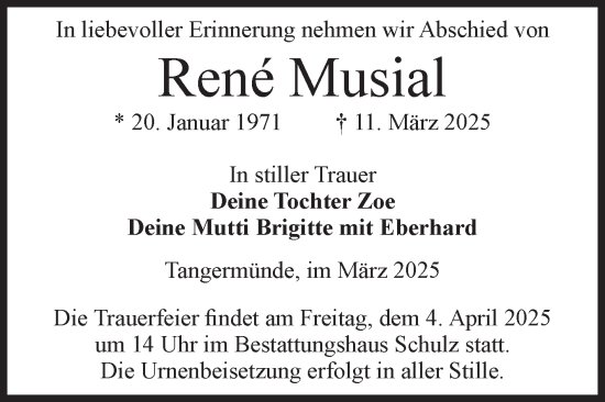 Traueranzeige von Rene Musial von Volksstimme Altmark Ost