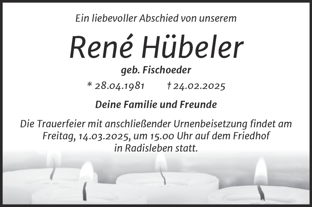  Traueranzeige für René Hübeler vom 08.03.2025 aus Trauerkombi Quedlinburg