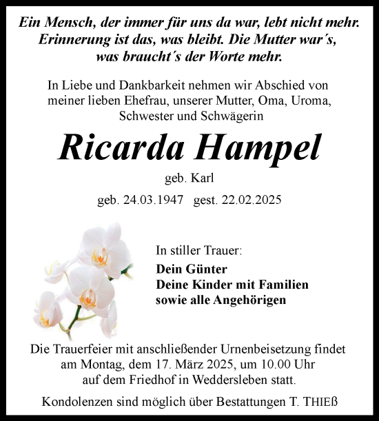 Traueranzeige von Ricarda Hampel von Trauerkombi Quedlinburg