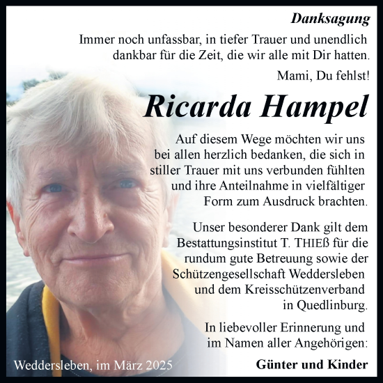 Traueranzeige von Ricarda Hampel von Trauerkombi Quedlinburg