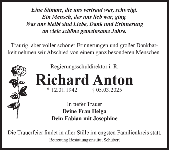 Traueranzeige von Richard Anton von Volksstimme Oschersleben/Wanzleben