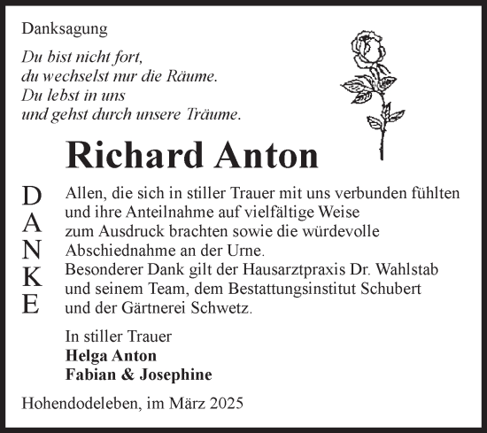 Traueranzeige von Richard Anton von Volksstimme Oschersleben/Wanzleben