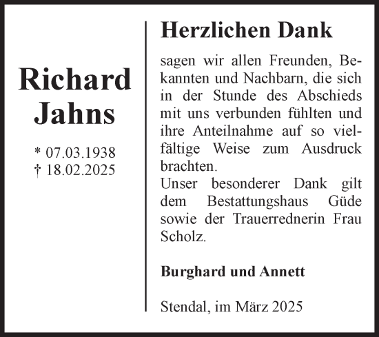 Traueranzeige von Richard Jahns von Volksstimme Altmark Ost