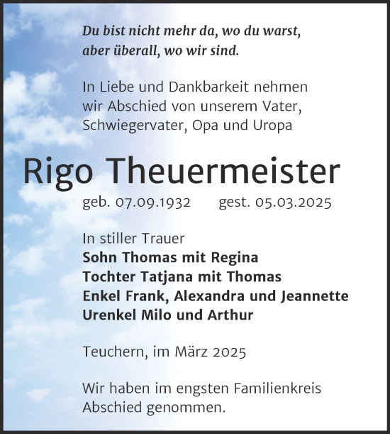 Traueranzeige von Rigo Theuermeister von Trauerkombi Weißenfels