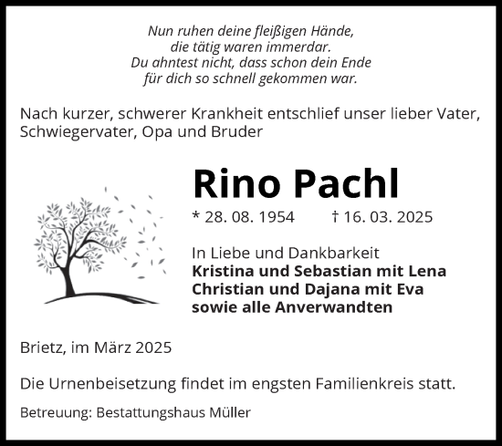 Traueranzeige von Rino Pachl von Volksstimme Altmark West
