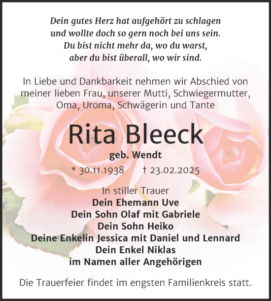 Traueranzeige von Rita Bleeck von Trauerkombi Wittenberg