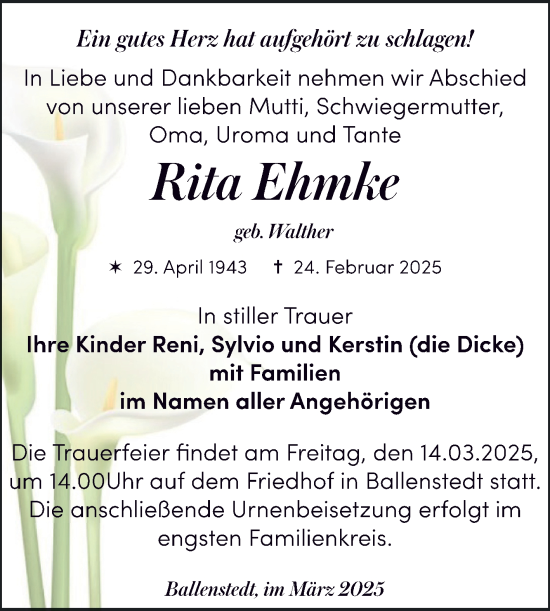Traueranzeige von Rita Ehmke von Trauerkombi Quedlinburg