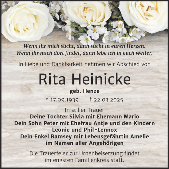 Traueranzeige von Rita Heinicke von Trauerkombi Merseburg