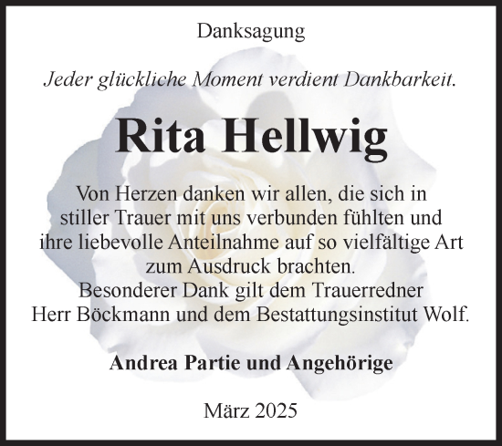Traueranzeige von Rita Hellwig von Volksstimme Wernigerode