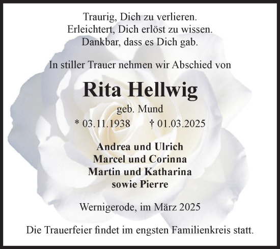 Traueranzeige von Rita Hellwig von Volksstimme Wernigerode