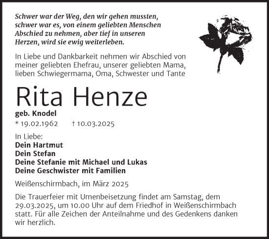 Traueranzeige von Rita Henze von Trauerkombi Merseburg