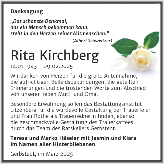 Traueranzeige von Rita Kirchberg von Trauerkombi Mansfelder Land