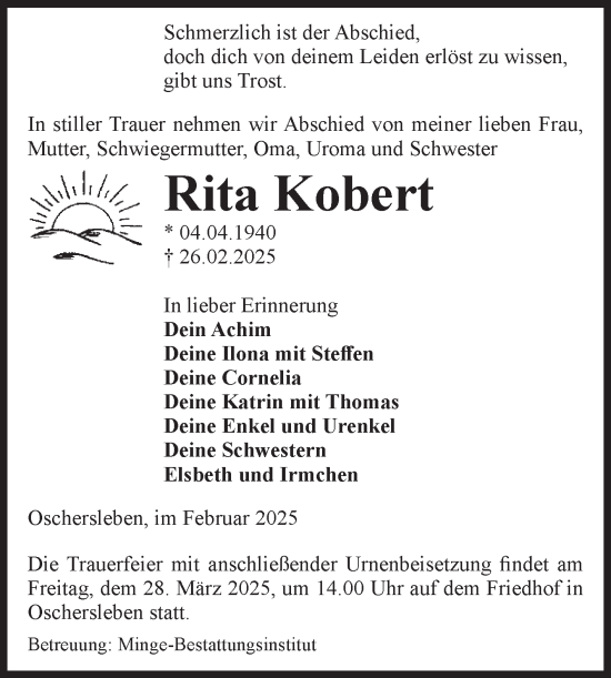 Traueranzeige von Rita Kobert von Volksstimme Oschersleben/Wanzleben