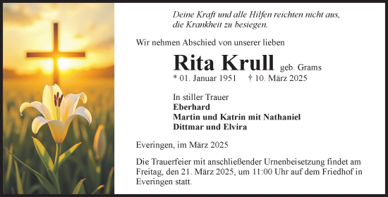 Traueranzeige von Rita Krull von Volksstimme Haldensleben/Wolmirstedt