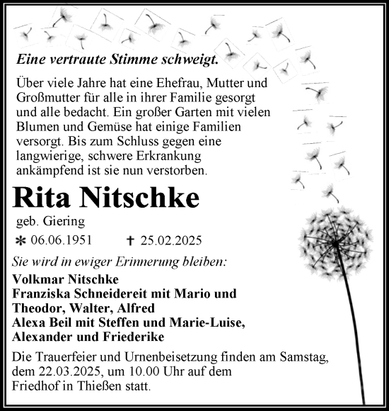 Traueranzeige von Rita Nitschke von Trauerkombi Dessau