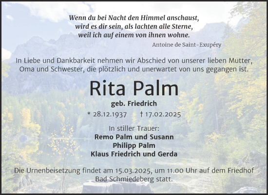 Traueranzeige von Rita Palm von Trauerkombi Wittenberg