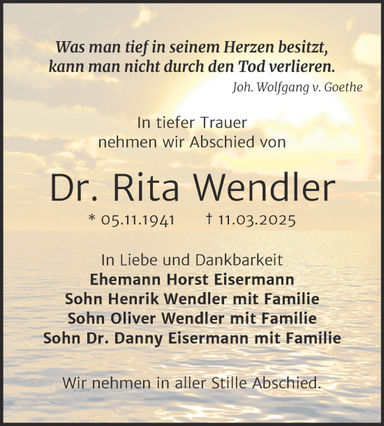 Traueranzeige von Rita Wendler von Trauerkombi Weißenfels