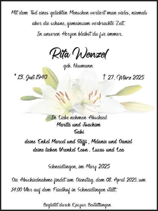 Traueranzeige von Rita Wenzel von Volksstimme Staßfurt