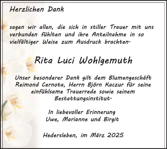 Traueranzeige von Rita Luci Wohlgemuth von Super Sonntag Quedlingburg