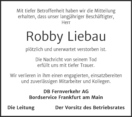 Traueranzeige von Robby Liebau von Mitteldeutsche Zeitung Merseburg/Querfurt