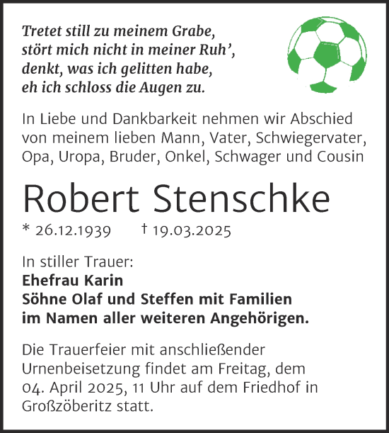 Traueranzeige von Robert Stenschke von Trauerkombi Bitterfeld