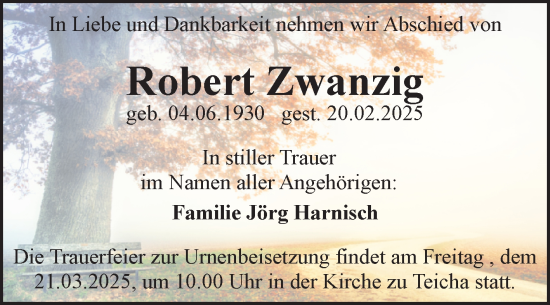 Traueranzeige von Robert Zwanzig von Mitteldeutsche Zeitung Halle/Saalkreis