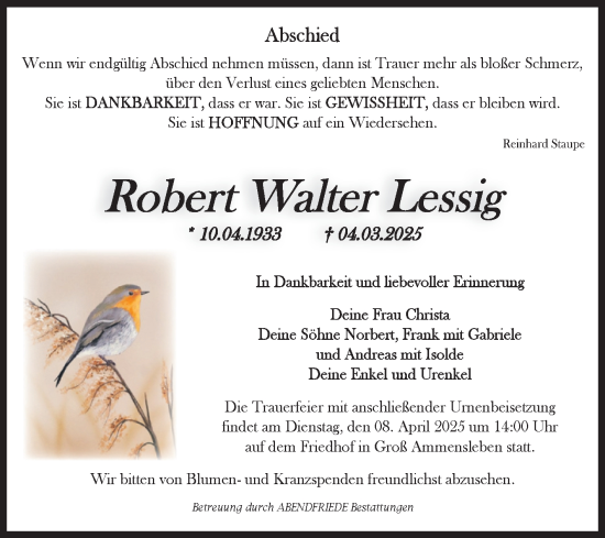 Traueranzeige von Robert Walter Lessig von Volksstimme Haldensleben/Wolmirstedt