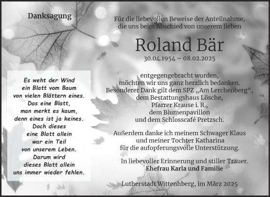 Traueranzeige von Roland Bär von Trauerkombi Wittenberg