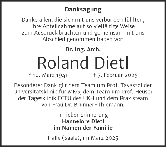 Traueranzeige von Roland Dietl von Mitteldeutsche Zeitung Halle/Saalkreis