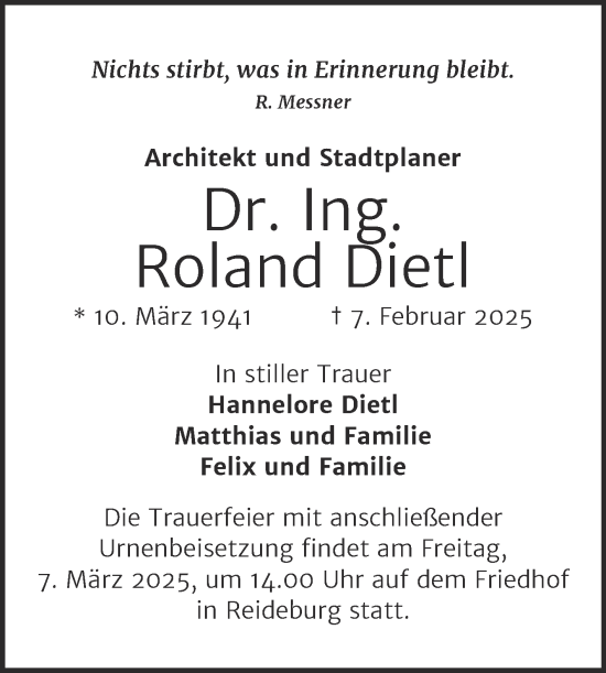 Traueranzeige von Roland Dietl von Mitteldeutsche Zeitung Halle/Saalkreis