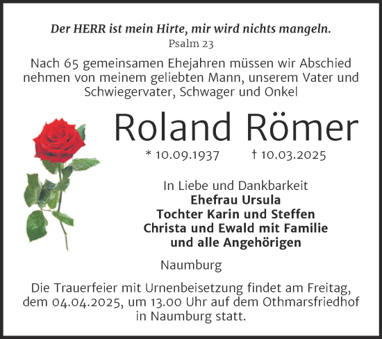 Traueranzeige von Roland Römer von Naumburger Tageblatt