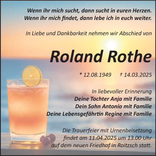 Traueranzeige von Roland Rothe von Trauerkombi Bitterfeld