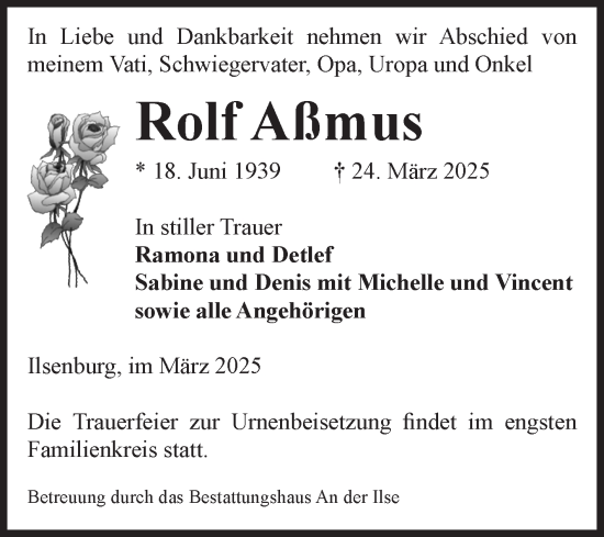 Traueranzeige von Rolf Aßmus von Volksstimme Wernigerode