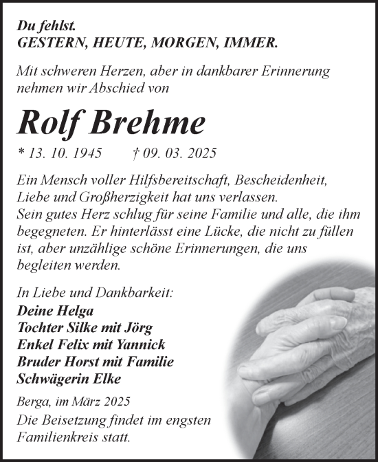 Traueranzeige von Rolf Brehme von Trauerkombi Sangerhausen