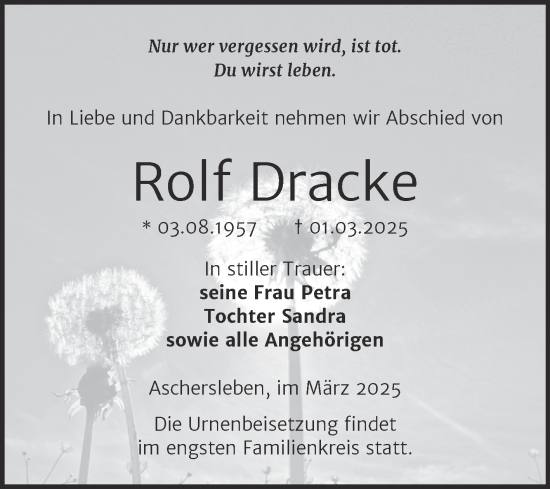 Traueranzeige von Rolf Dracke von Trauerkombi Aschersleben