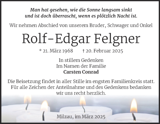 Traueranzeige von Rolf-Edgar Felgner von Trauerkombi Merseburg