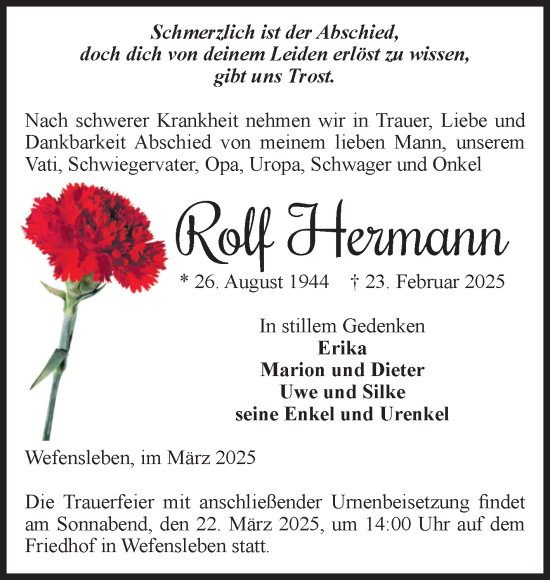 Traueranzeige von Rolf Hermann von Volksstimme Oschersleben/Wanzleben