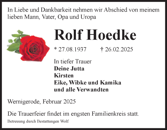 Traueranzeige von Rolf Hoedke von Volksstimme Wernigerode