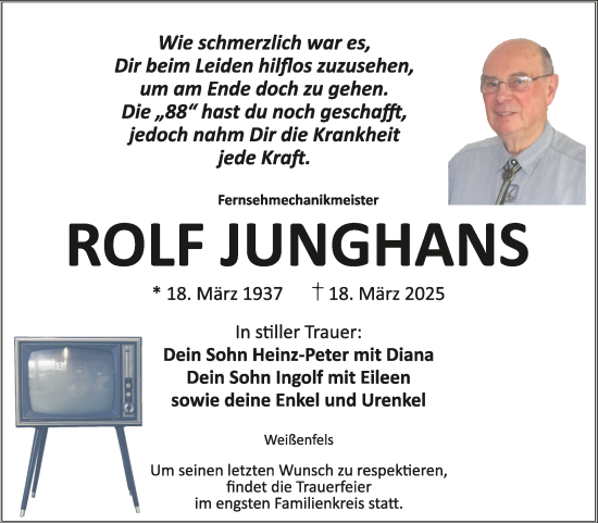 Traueranzeige von Rolf Junghans von Trauerkombi Weißenfels