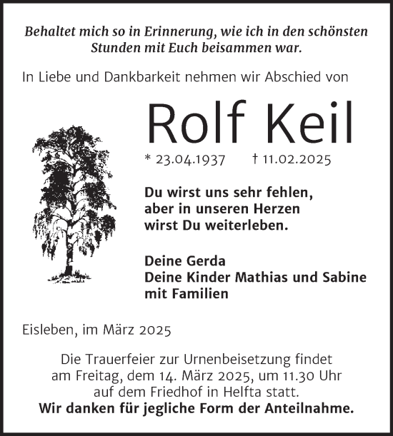 Traueranzeige von Rolf Keil von Trauerkombi Mansfelder Land