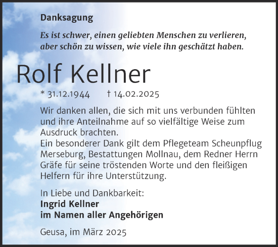 Traueranzeige von Rolf Kellner von Trauerkombi Merseburg
